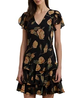 Lauren Ralph Lauren Georgette Floral Print V Neck Short Sleeve Ruffle Drop Waist Mini Dress