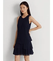 Lauren Ralph Lauren Georgette Round Neck Sleeveless Tiered Mini Dress