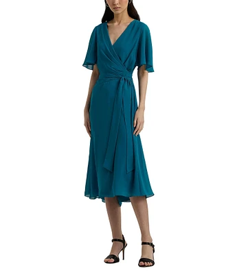 Lauren Ralph Lauren Georgette Surplice V-Neck Short Flutter Sleeve Tie Waist Midi Dress