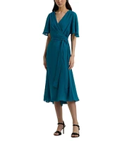 Lauren Ralph Lauren Georgette Surplice V-Neck Short Flutter Sleeve Tie Waist Midi Dress