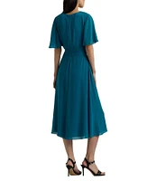 Lauren Ralph Lauren Georgette Surplice V-Neck Short Flutter Sleeve Tie Waist Midi Dress