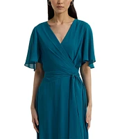 Lauren Ralph Lauren Georgette Surplice V-Neck Short Flutter Sleeve Tie Waist Midi Dress