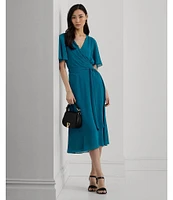 Lauren Ralph Lauren Georgette Surplice V-Neck Short Flutter Sleeve Tie Waist Midi Dress