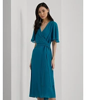 Lauren Ralph Lauren Georgette Surplice V-Neck Short Flutter Sleeve Tie Waist Midi Dress