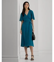 Lauren Ralph Lauren Georgette Surplice V-Neck Short Flutter Sleeve Tie Waist Midi Dress