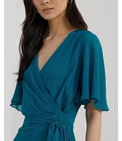 Lauren Ralph Lauren Georgette Surplice V-Neck Short Flutter Sleeve Tie Waist Midi Dress