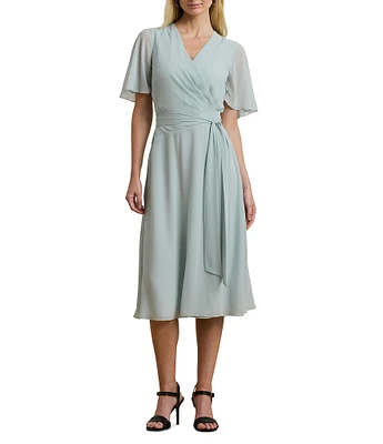 Lauren Ralph Lauren Georgette V Neck Short Sleeve Wrap Belt Fit and Flare Midi Dress