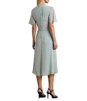 Lauren Ralph Lauren Georgette V Neck Short Sleeve Wrap Belt Fit and Flare Midi Dress