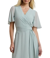 Lauren Ralph Lauren Georgette V Neck Short Sleeve Wrap Belt Fit and Flare Midi Dress