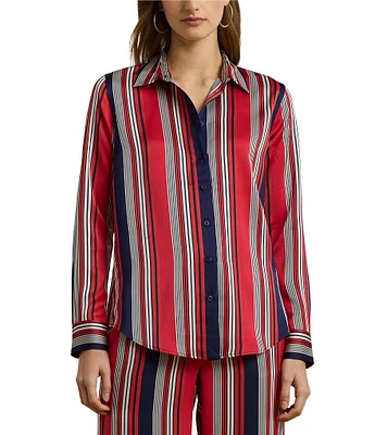 Lauren Ralph Lauren Glossy Satin Charmeuse Vertical Striped Spread Collar Long Sleeve Button Front Shirt
