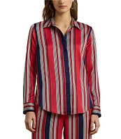 Lauren Ralph Lauren Glossy Satin Charmeuse Vertical Striped Spread Collar Long Sleeve Button Front Shirt