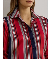 Lauren Ralph Lauren Glossy Satin Charmeuse Vertical Striped Spread Collar Long Sleeve Button Front Shirt
