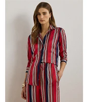 Lauren Ralph Lauren Glossy Satin Charmeuse Vertical Striped Spread Collar Long Sleeve Button Front Shirt