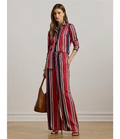 Lauren Ralph Lauren Glossy Satin Charmeuse Vertical Striped Spread Collar Long Sleeve Button Front Shirt