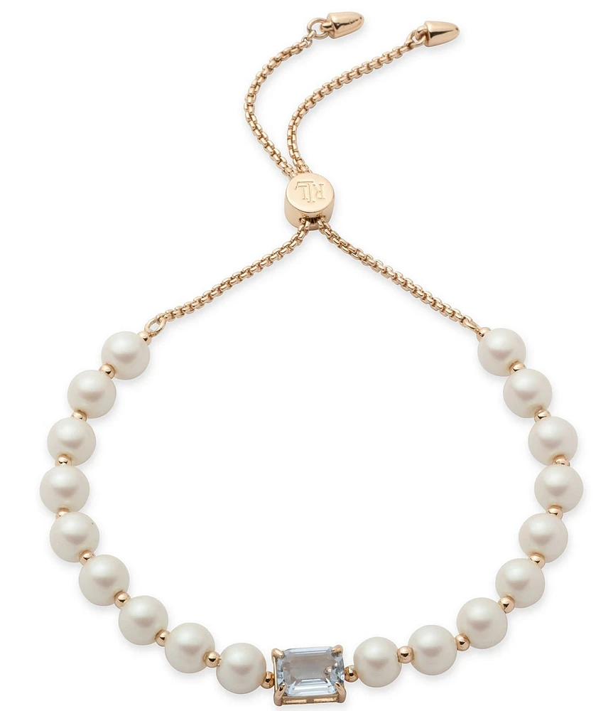 Lauren Ralph Lauren Gold Tone Light Sapphire Pearl Stone Adjustable Bracelet