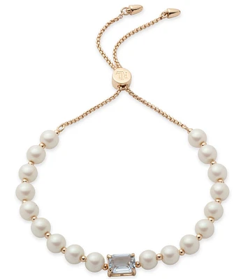 Lauren Ralph Lauren Gold Tone Light Sapphire Pearl Stone Adjustable Bracelet