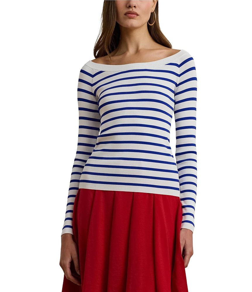 Lauren Ralph Lauren Horizontal Striped Ribbed Ballet Neck Long Raglan Sleeve Sweater