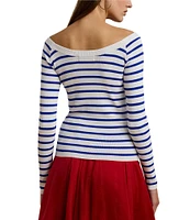 Lauren Ralph Lauren Horizontal Striped Ribbed Ballet Neck Long Raglan Sleeve Sweater