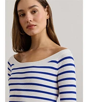 Lauren Ralph Lauren Horizontal Striped Ribbed Ballet Neck Long Raglan Sleeve Sweater