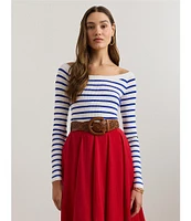 Lauren Ralph Lauren Horizontal Striped Ribbed Ballet Neck Long Raglan Sleeve Sweater
