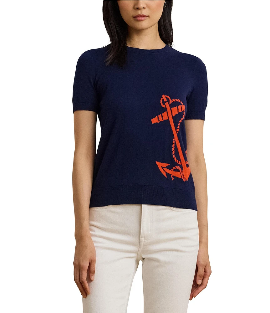 Lauren Ralph Lauren Intarsia-Knit Anchor Motif Ribbed Crew Neck Short Sleeve Sweater