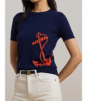 Lauren Ralph Lauren Intarsia-Knit Anchor Motif Ribbed Crew Neck Short Sleeve Sweater