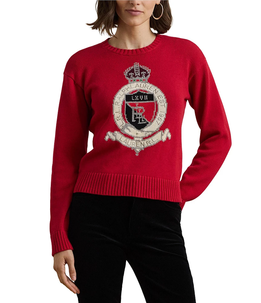 Lauren Ralph Lauren Intarsia-Knit Crest Cotton Ribbed Crew Neck Long Sleeve Dropped Shoulder Sweater