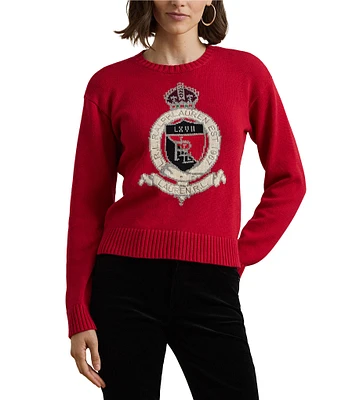 Lauren Ralph Lauren Intarsia-Knit Crest Cotton Ribbed Crew Neck Long Sleeve Dropped Shoulder Sweater