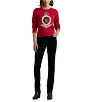 Lauren Ralph Lauren Intarsia-Knit Crest Cotton Ribbed Crew Neck Long Sleeve Dropped Shoulder Sweater