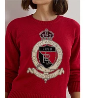 Lauren Ralph Lauren Intarsia-Knit Crest Cotton Ribbed Crew Neck Long Sleeve Dropped Shoulder Sweater