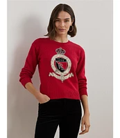 Lauren Ralph Lauren Intarsia-Knit Crest Cotton Ribbed Crew Neck Long Sleeve Dropped Shoulder Sweater