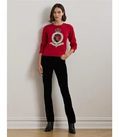 Lauren Ralph Lauren Intarsia-Knit Crest Cotton Ribbed Crew Neck Long Sleeve Dropped Shoulder Sweater