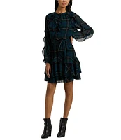 Lauren Ralph Lauren Crinkle Georgette Plaid Motif Band Collar Ruffle Trim Blouson Sleeve Belted Fit & Flare Dress