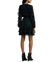 Lauren Ralph Lauren Crinkle Georgette Plaid Motif Band Collar Ruffle Trim Blouson Sleeve Belted Fit & Flare Dress