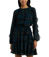 Lauren Ralph Lauren Crinkle Georgette Plaid Motif Band Collar Ruffle Trim Blouson Sleeve Belted Fit & Flare Dress