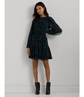 Lauren Ralph Lauren Crinkle Georgette Plaid Motif Band Collar Ruffle Trim Blouson Sleeve Belted Fit & Flare Dress