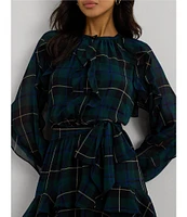 Lauren Ralph Lauren Crinkle Georgette Plaid Motif Band Collar Ruffle Trim Blouson Sleeve Belted Fit & Flare Dress