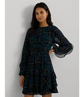 Lauren Ralph Lauren Crinkle Georgette Plaid Motif Band Collar Ruffle Trim Blouson Sleeve Belted Fit & Flare Dress