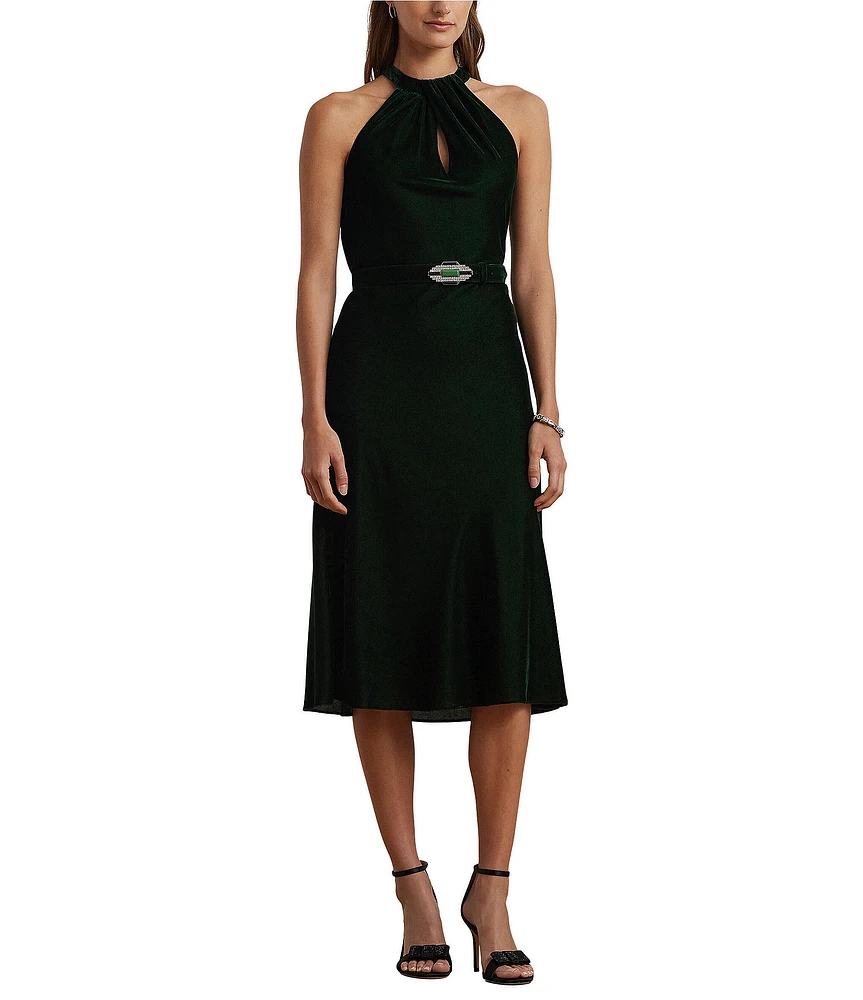 Lauren Ralph Lauren Velvet Crisscross Halter Neck Sleeveless Belted A-Line Dress