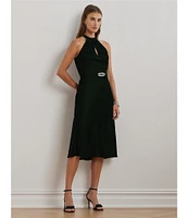 Lauren Ralph Lauren Velvet Crisscross Halter Neck Sleeveless Belted A-Line Dress