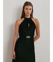 Lauren Ralph Lauren Velvet Crisscross Halter Neck Sleeveless Belted A-Line Dress