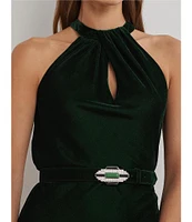 Lauren Ralph Lauren Velvet Crisscross Halter Neck Sleeveless Belted A-Line Dress