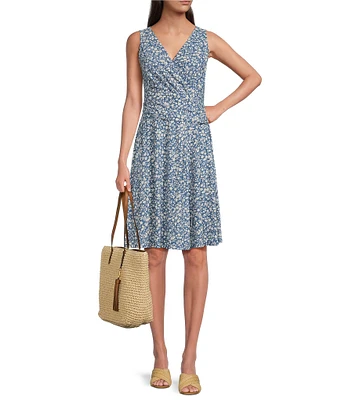 Lauren Ralph Lauren Jersey Ditsy Floral Surplice V-Neck Sleeveless Faux Wrap Dress