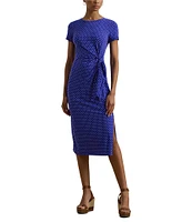 Lauren Ralph Lauren Jersey Knit Dotted Print Crew Neck Short Sleeve Gathered Tie Midi Dress