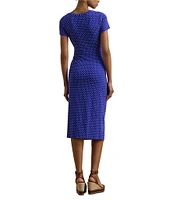 Lauren Ralph Lauren Jersey Knit Dotted Print Crew Neck Short Sleeve Gathered Tie Midi Dress