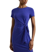 Lauren Ralph Lauren Jersey Knit Dotted Print Crew Neck Short Sleeve Gathered Tie Midi Dress