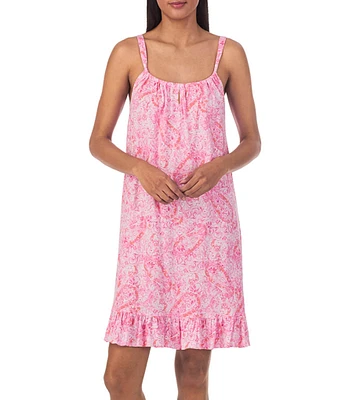 Lauren Ralph Lauren Jersey Knit Short Scoop Neck Strappy Sleeveless Paisley Ruffle Hem Chemise