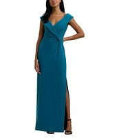 Lauren Ralph Lauren Jersey Surplice V-Neck Cap Sleeve Twist Side Slit Gown