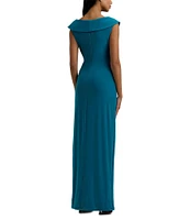 Lauren Ralph Lauren Jersey Surplice V-Neck Cap Sleeve Twist Side Slit Gown