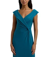 Lauren Ralph Lauren Jersey Surplice V-Neck Cap Sleeve Twist Side Slit Gown